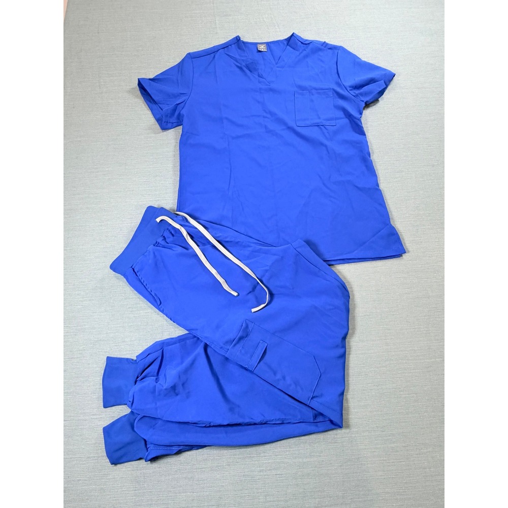 NiaaHinn Royal Blue Scrub Set Womens Small Jogger Pants V-Neck Top Pocket Cargo